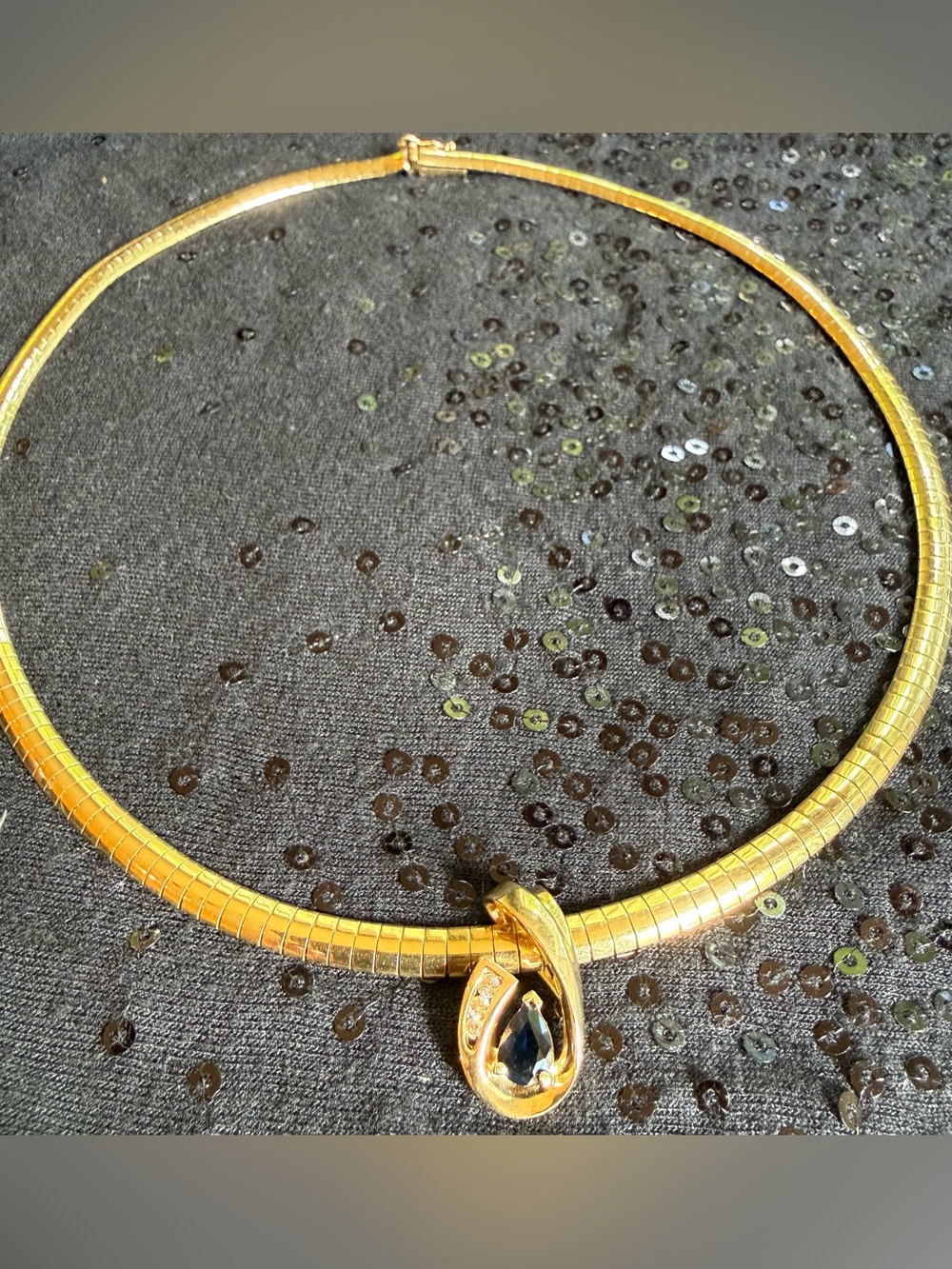 10K Gold Omega Necklace with Sapphire & Diamond Pendant